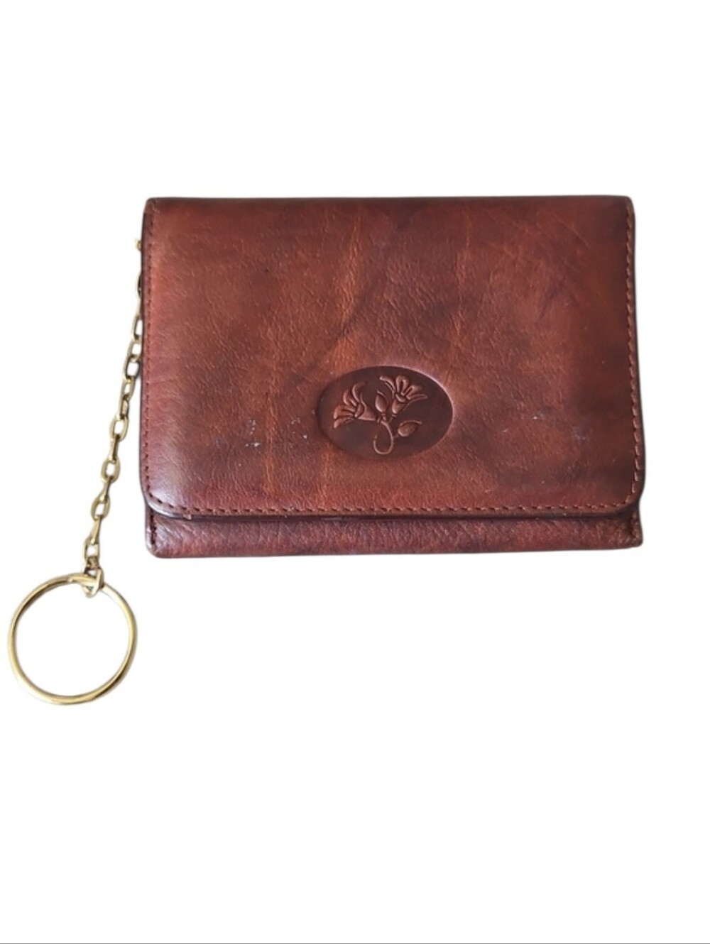Buxton Brown Leather Key & Card Holder with Gold-Tone Chain, Floral Accent